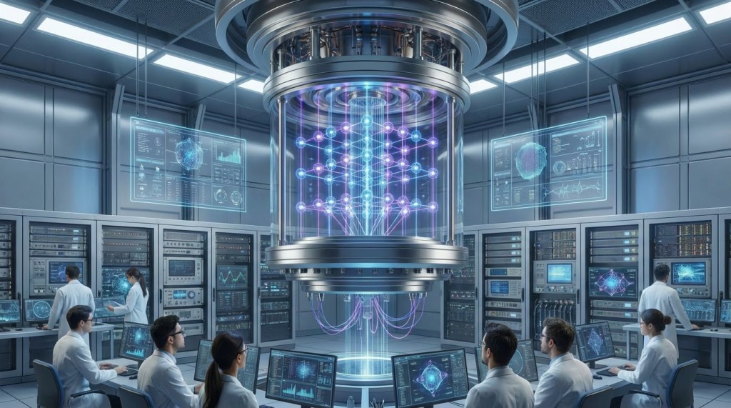 Scientists in a futuristic laboratory monitoring a glowing quantum computer core and data displays.