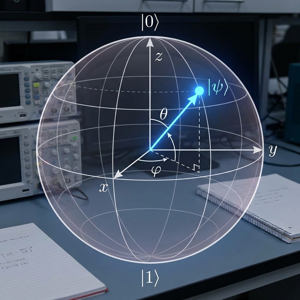Bloch sphere diagram with x, y, z axes and state vector |psi> over a lab desk.