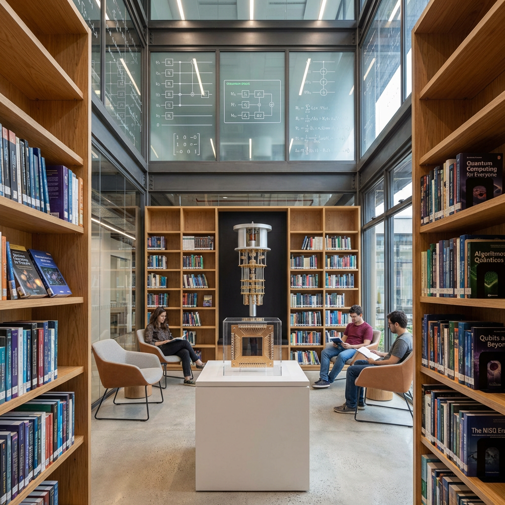 Students reading in a library featuring quantum hardware and glass panels with mathematical equations.