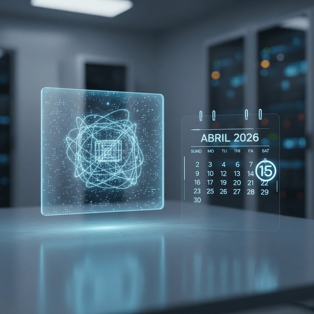Holographic quantum symbol and April 2026 calendar with the text COMPUTAÇÃO QUÂNTICA.