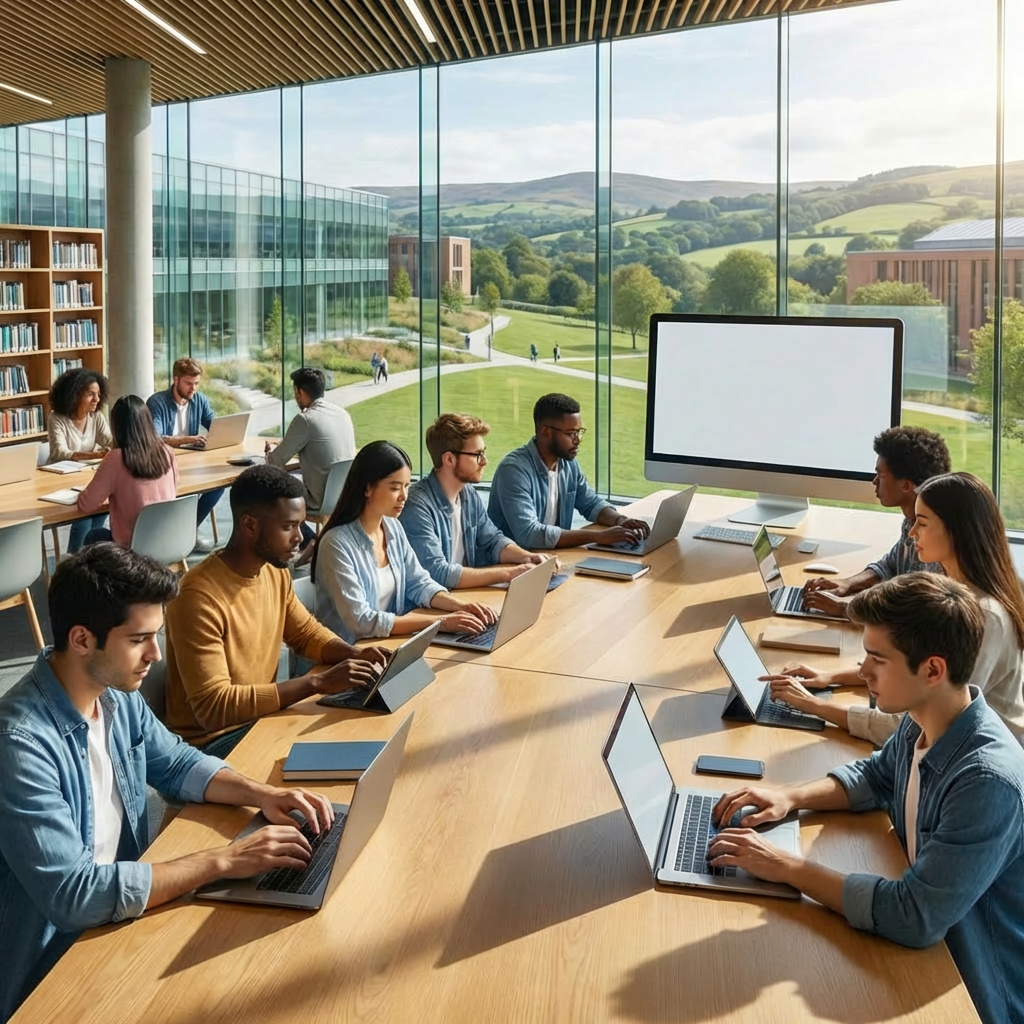 Students at a long table using laptops; a screen displays CURSO ONLINE DE COMPUTAÇÃO QUÂNTICA.