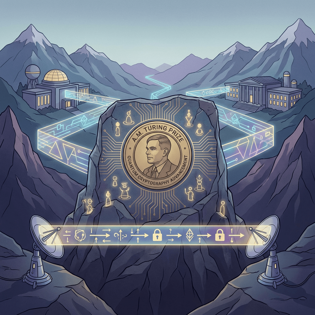A.M. Turing Prize medallion for Quantum Cryptography Advancement in a high-tech mountain landscape.
