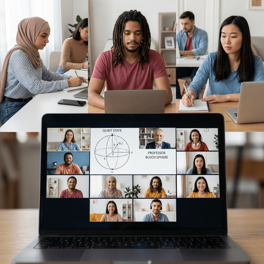 Collage of diverse students studying individually and a laptop displaying a virtual physics classroom.